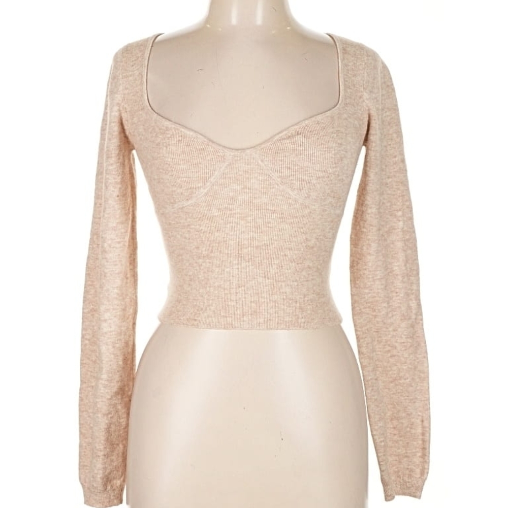 Elegant Wool Beige Long Sleeve Women's Top